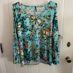 Ladies Forever Jade Floral Teal Top with Shoulders Cutout